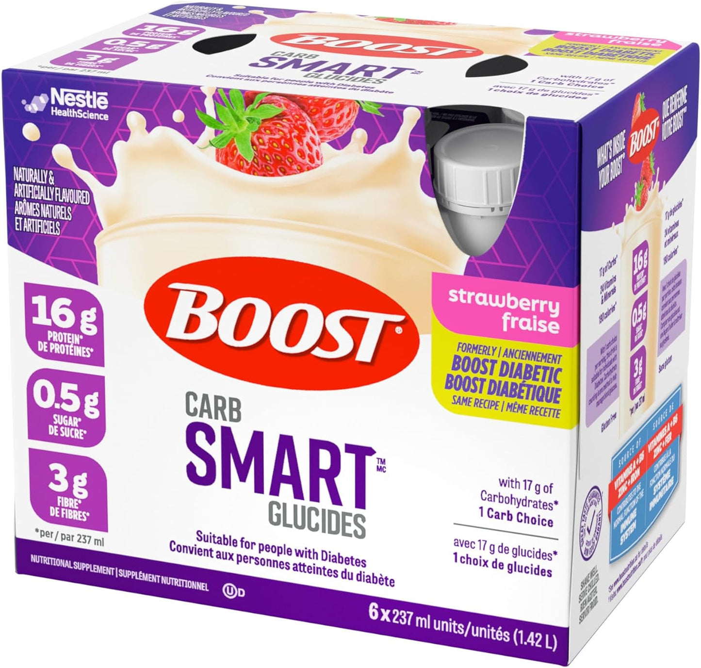 BOOST 糖尿病营养补充剂，草莓味，6x237 毫升，每盒 4 瓶，包装可能有所不同