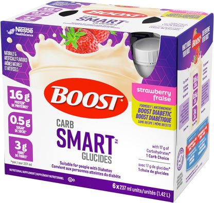 BOOST 糖尿病营养补充剂，草莓味，6x237 毫升，每盒 4 瓶，包装可能有所不同