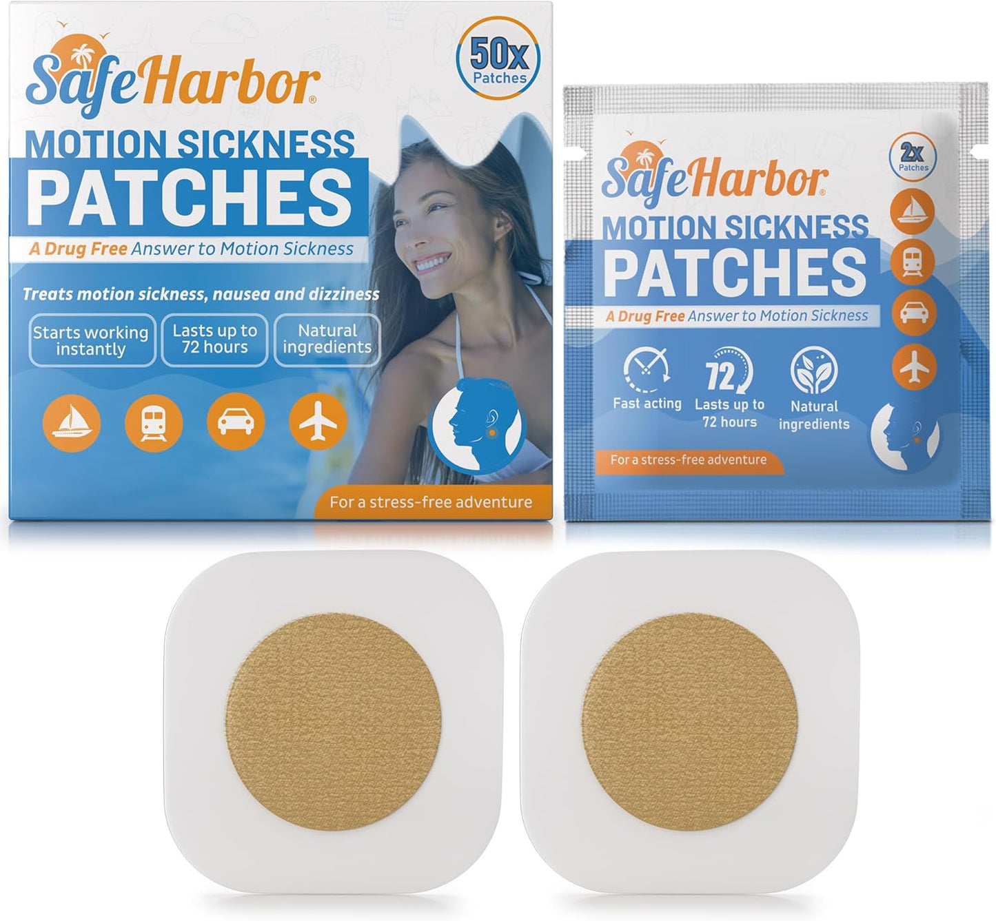 SafeHarbor Motion Sickness Patches | Anti Nausea Patches for Your Cruise Essentials | Natural and Non Drowsy Sea Sickness Patches for Cruise, Car Sickness, Flying and More (50 Count, 50, Count)