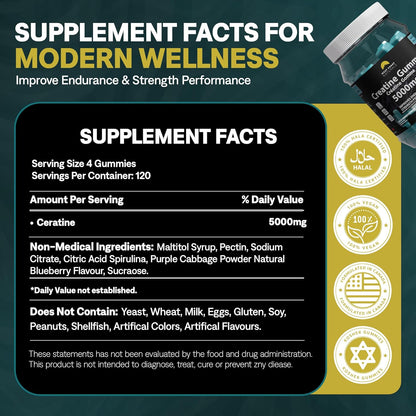 West Coast Naturals 肌酸一水合物软糖 5000 毫克 - 蓝莓味，无添加糖，男女适用咀嚼补充剂，纯素 - 犹太洁食认证 - 120 粒