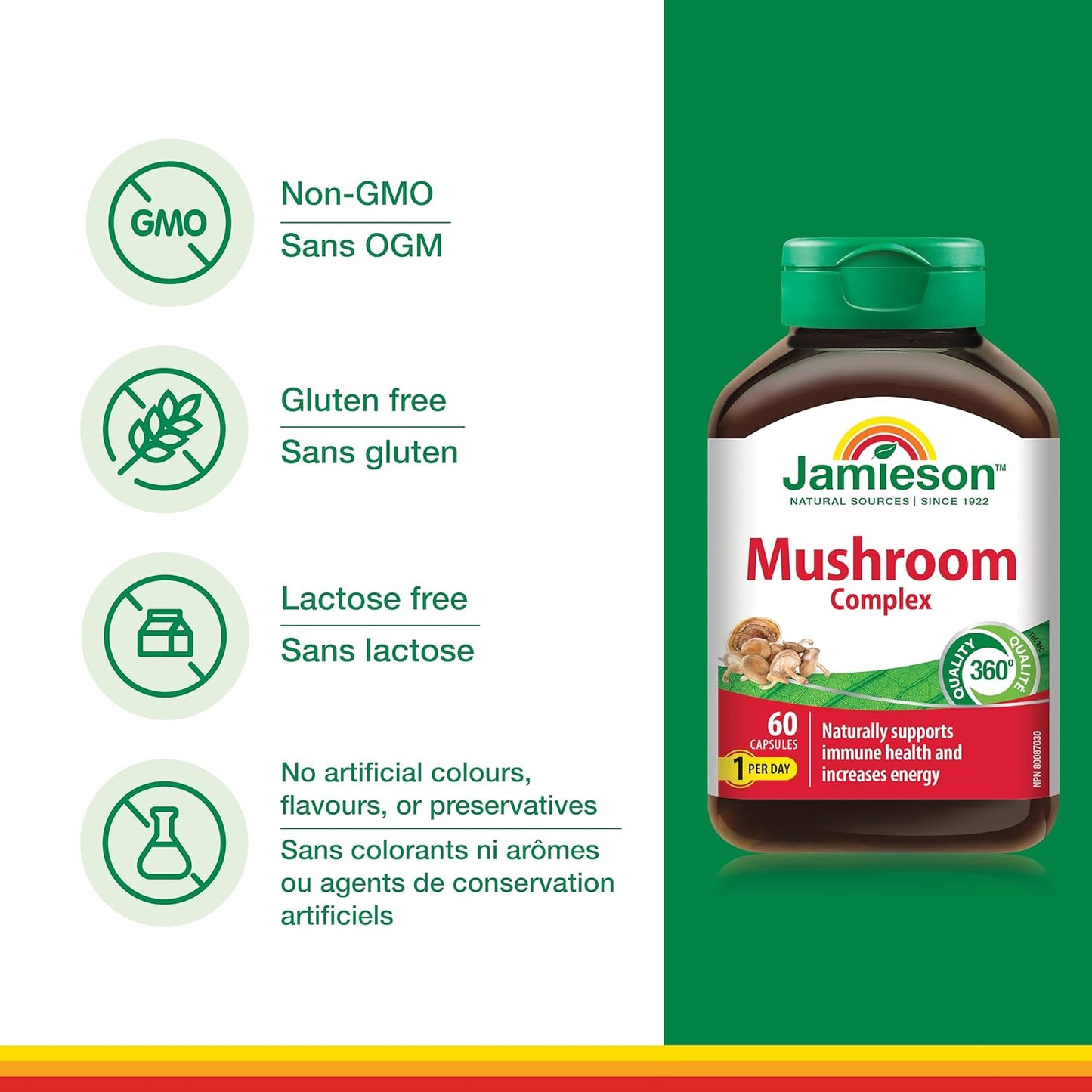 Jamieson Mushroom Complex, with Reishi, Lion's Mane, Chaga, Shiitake, and Garlic. Supports Immune Health, Energy, Resistance to Stress, and Heart Health, Non-GMO, Gluten-Free, 60 Capsules, Proudly Canadian