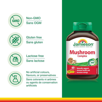 Jamieson Mushroom Complex, with Reishi, Lion's Mane, Chaga, Shiitake, and Garlic. Supports Immune Health, Energy, Resistance to Stress, and Heart Health, Non-GMO, Gluten-Free, 60 Capsules, Proudly Canadian