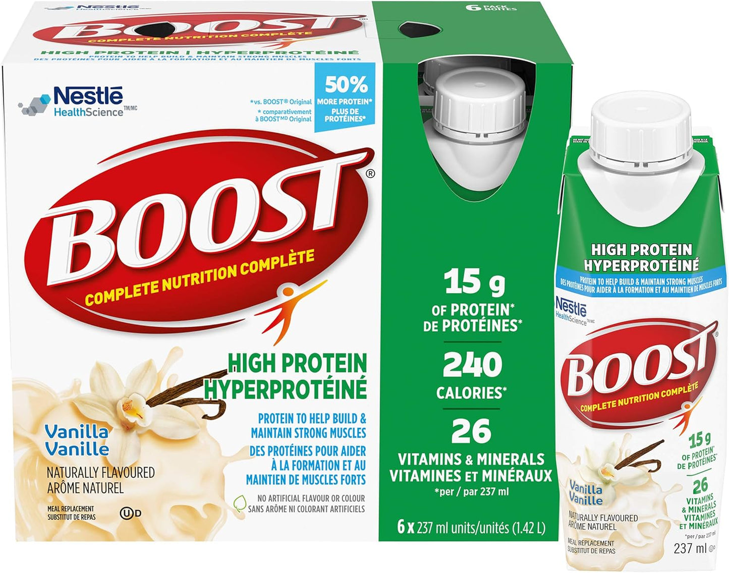 BOOST 糖尿病营养补充剂，巧克力味，24 x 237 毫升 & 高蛋白代餐饮料，香草味，237 毫升，6 包（4 包）