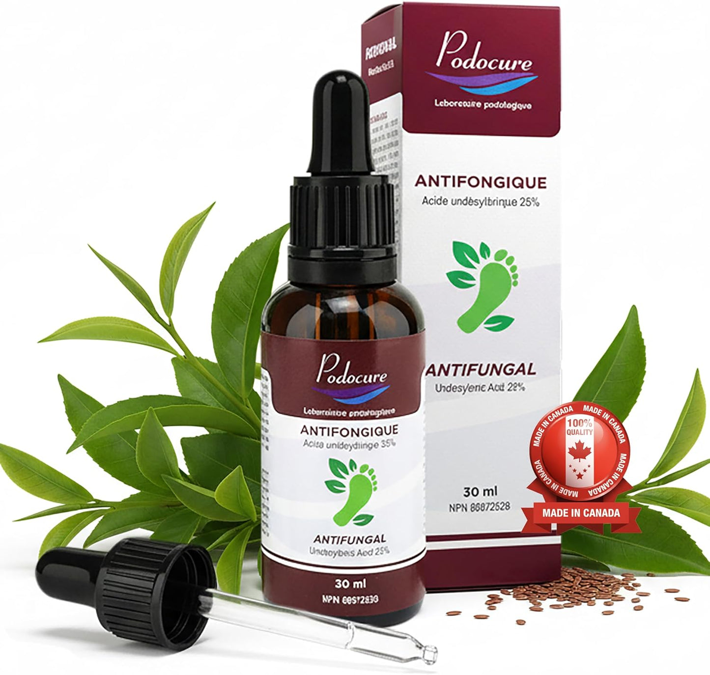 PODOCURE 脚趾甲真菌治疗 - 超强抗真菌液体 30ml，含 25% 十一烯酸 - 脚癣、变色、脱皮、真菌病、发红、瘙痒、异味的天然疗法 - 加拿大制造