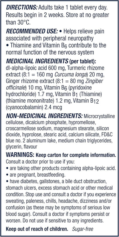Nervive 神经舒缓片，有助于缓解周围神经病变引起的疼痛，α-硫辛酸 ALA，维生素 B1-硫胺素、B6 和 B12，姜黄，生姜，30 天用量，30 片