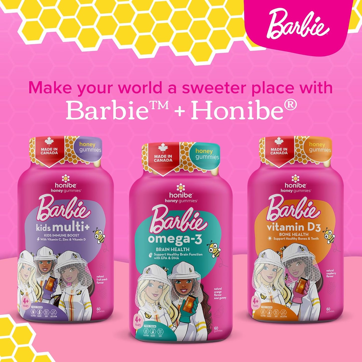 Honibe 芭比娃娃 Omega 3 軟糖，適合兒童和成人，加拿大製造，脂肪酸支持大腦健康，Omega-3 EPA 和 DHA 的可靠來源，可持續來源的魚油，無魚腥味，60 粒軟糖