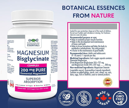 正分子必需品 – 雙甘氨酸鎂複合物 200 毫克，250 粒素食膠囊（250 天用量）– 元素鎂，有助於睡眠、骨骼健康和神經功能 – 非基因改造和無麩質