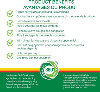 Jamieson 感冒舒缓软胶囊，适用于成人和青少年（10 岁以上）。有助于对抗感冒早期症状，改善感冒症状。添加生姜成分，缓解恶心，非转基因，无麸质，30 粒装