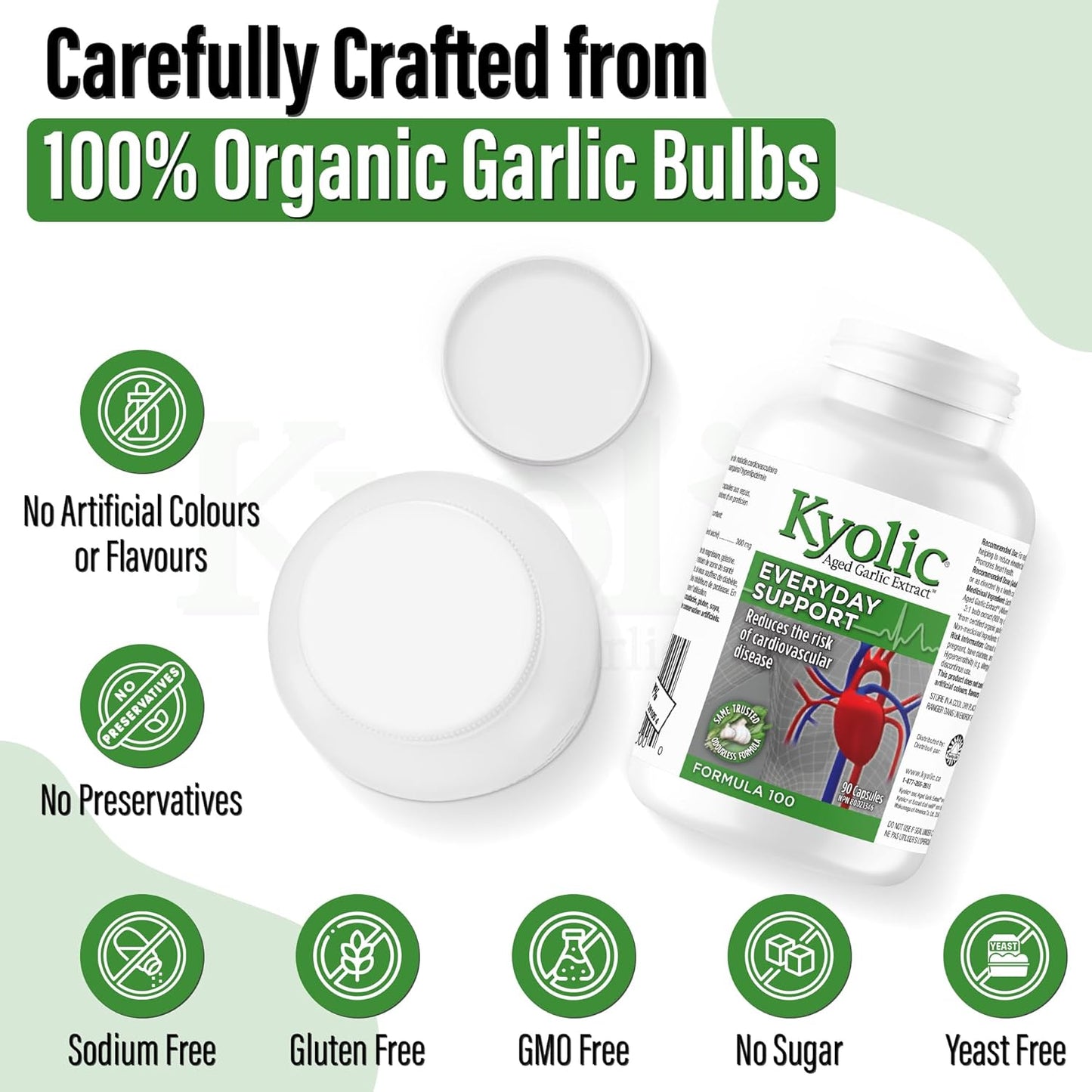 Kyolic - 陳年大蒜萃取補充劑 - 配方 100 日常支持 300 毫克，90 粒膠囊，22 天供應 - 無味大蒜丸 - 促進心臟健康並支持整體健康