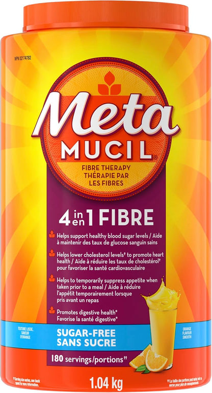 Metamucil, 每日车前子壳粉补充剂，无糖，四合一膳食纤维，促进消化健康，橙味顺滑饮料，180 份