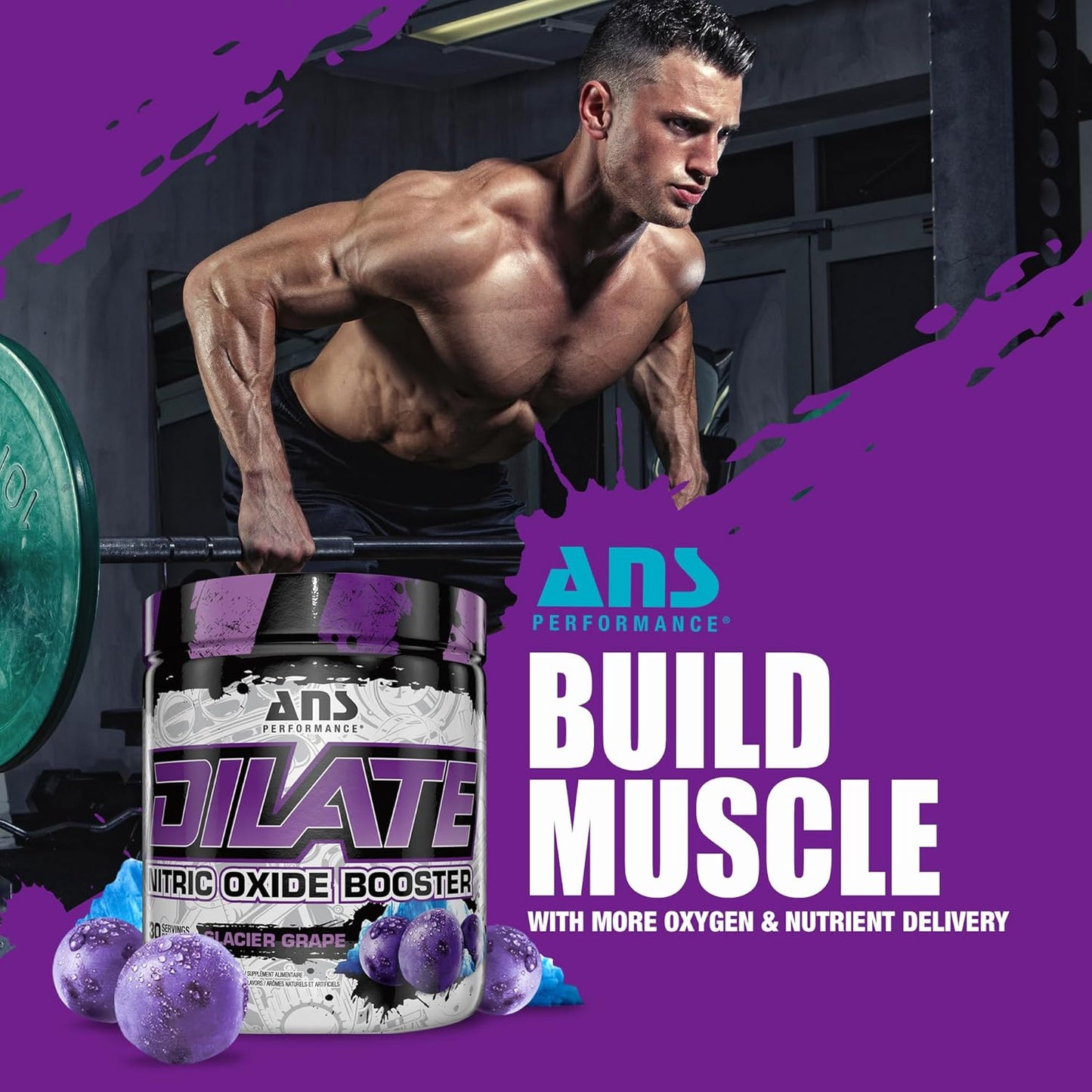 ANS Performance Dilate Pump 预锻炼粉 - 膳食补充剂 - 最大程度促进肌肉生长、力量表现 - 无刺激，β-丙氨酸、肌酸 - 30 份，冰川葡萄味