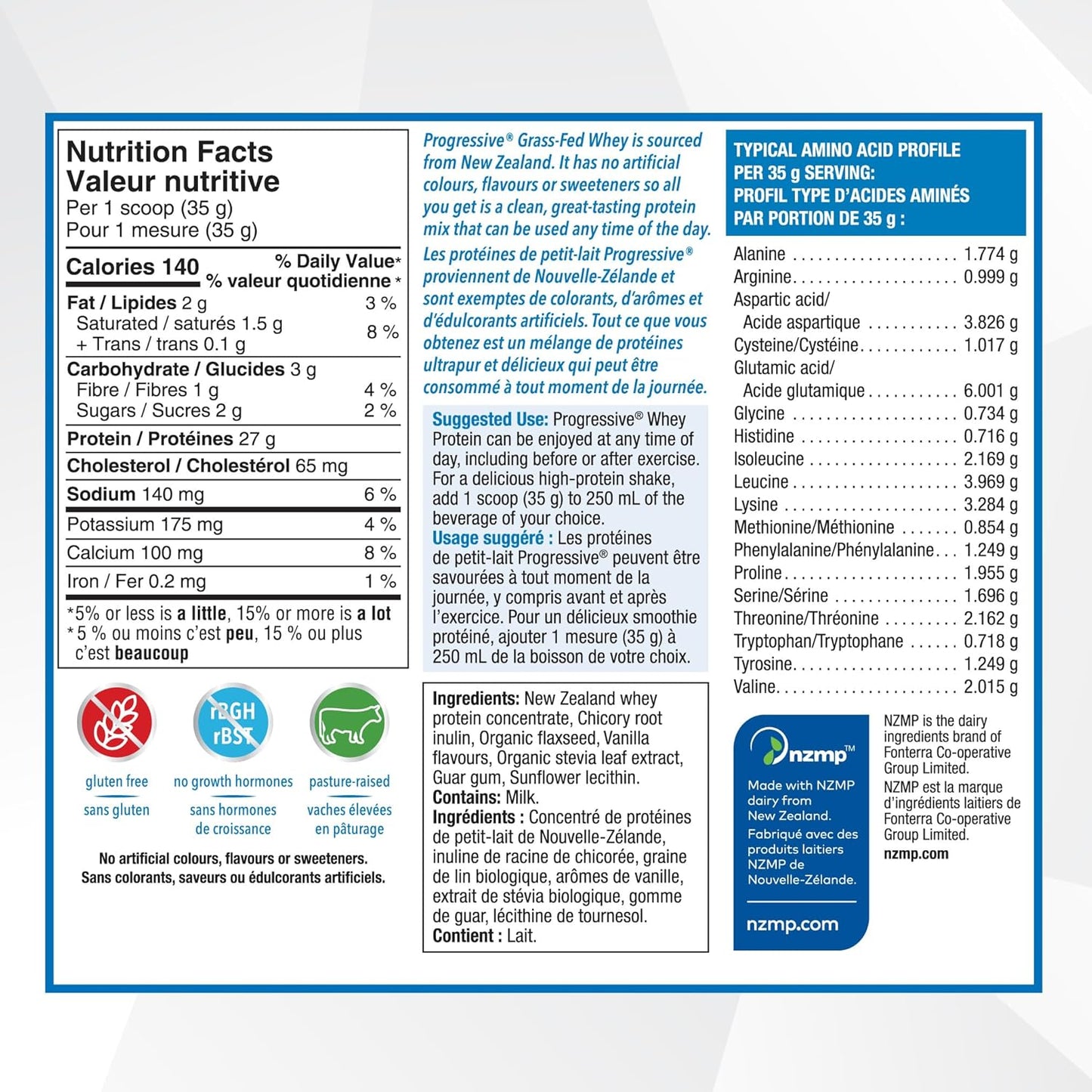 Progressive Grass-Fed 100% Whey Protein Powder Vanilla, 27g of New Zealand Whey Concentrate per Scoop for Muscle Gain, Pasture-Raised, Non-GMO, Canadian-Made Antibiotic-free, Hormone-free, 850 g