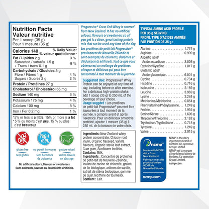 Progressive Grass-Fed 100% Whey Protein Powder Vanilla, 27g of New Zealand Whey Concentrate per Scoop for Muscle Gain, Pasture-Raised, Non-GMO, Canadian-Made Antibiotic-free, Hormone-free, 850 g