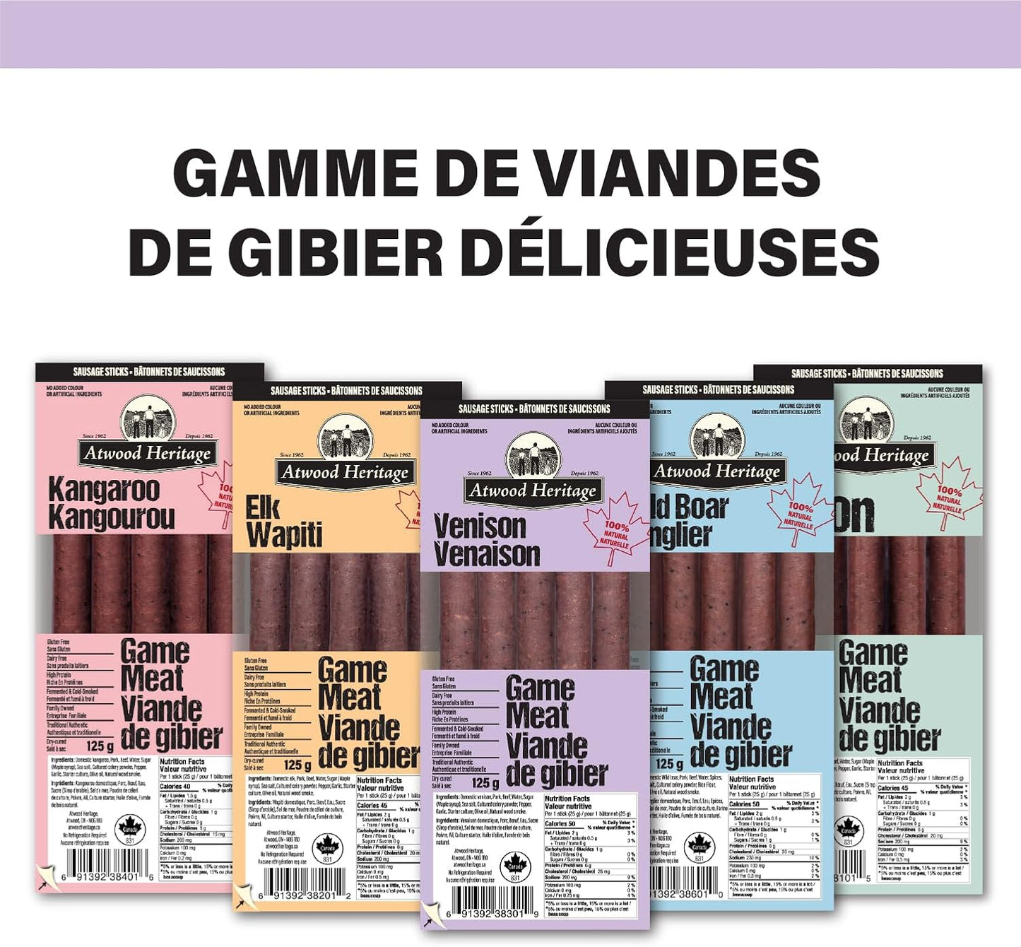 Atwood Heritage 鹿肉、豬肉和牛肉零食棒，5 根，125 克，高蛋白，無麩質，無硝酸鹽，加拿大製造