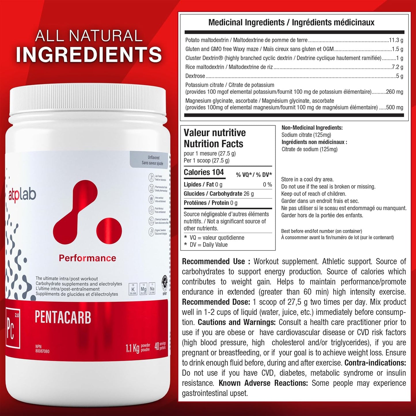ATP LAB Pentacarb 1.1kg 无味粉 40 份 - 碳水化合物和电解质 - 支持性能、能量和耐力 - 非常适合锻炼后恢复 - 易于混合的配方，适合积极的生活方式