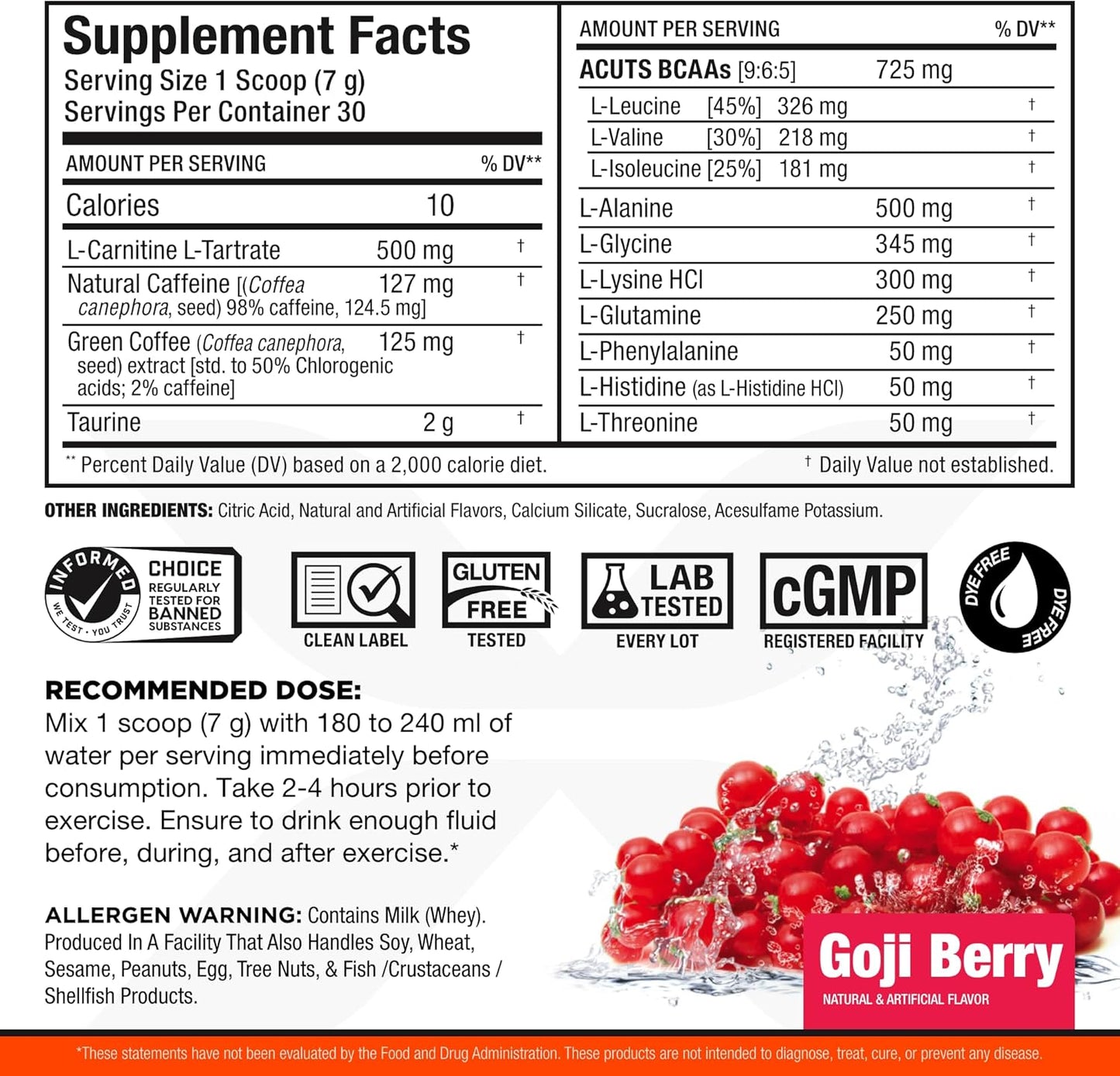 ALLMAX Nutrition ACUTS - 含牛磺酸和 AMINOCUTS 的氨基酸粉补充剂 (A:CUTS) - 体重管理 BCAA（左旋肉碱 + 牛磺酸 + 绿咖啡）- 枸杞 - 252 克 - 36 份