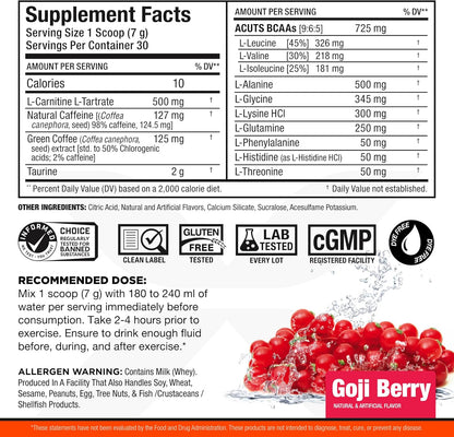 ALLMAX Nutrition ACUTS - 含牛磺酸和 AMINOCUTS 的氨基酸粉补充剂 (A:CUTS) - 体重管理 BCAA（左旋肉碱 + 牛磺酸 + 绿咖啡）- 枸杞 - 252 克 - 36 份