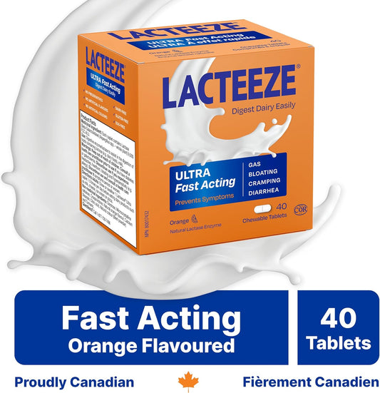 Lacteeze Ultra Orange Flavored Caplets - Fast Relief from Lactose Intolerance Symptoms - 9000 FCC Lactase Units, Chewable Tablets, 40 Count