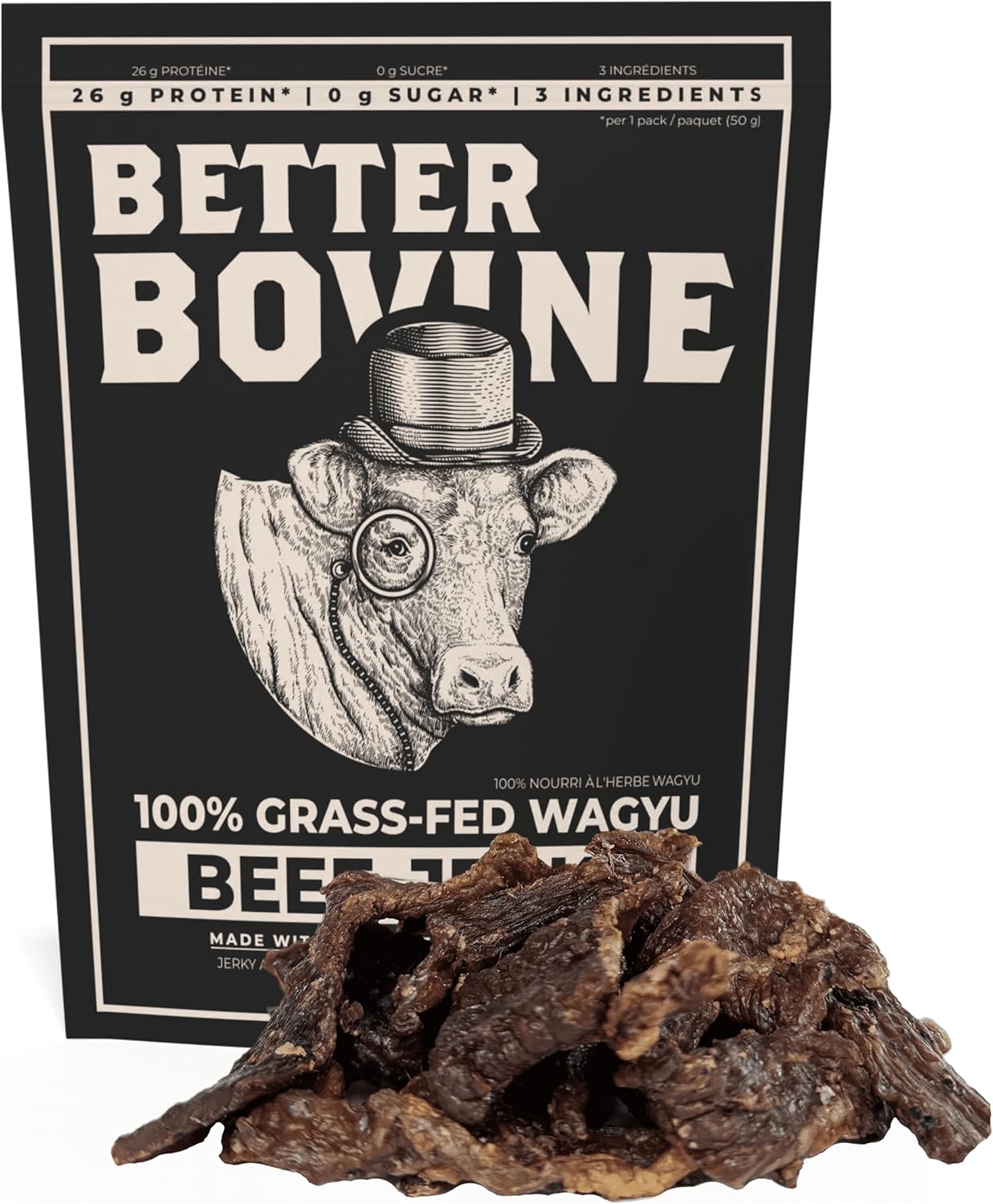 BETTER BOVINE Grass Fed Wagyu Beef Jerky, Keto, Paleo, Low Carb, High Protein, Gluten Free, Sugar Free, Non-GMO, Nitrate Free, Preservative Free, No Antibiotics, No Added Hormones, 26g Protein, 0g Carbs, 180 Calories, Sa…