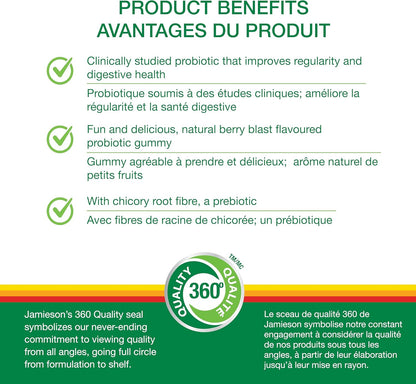 Jamieson 強效益生菌軟糖，含 50 億活性細胞，莓果味，改善消化系統健康，支持健康的微生物群，不含人工色素、香精或防腐劑，30 粒