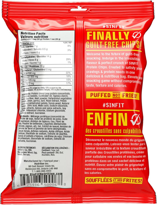 SinFit 蛋白薯片，20 克蛋白质/袋，50 克/袋，高纤维，低碳水化合物，无麸质，披萨味，7 片/盒（7 袋，番茄酱）