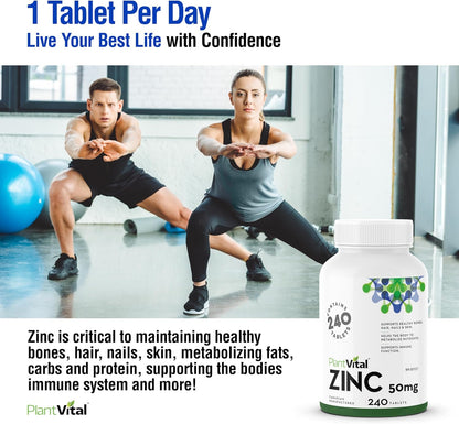 PlantVital Zinc Supplements - Made in Canada - 50mg (240 Count) - Immune Support, Healthy Bones, Hair, Nail and Skin with Zinc Gluconate 50mg - Made in Canada - Additive-Free - 240 Zinc Tablets