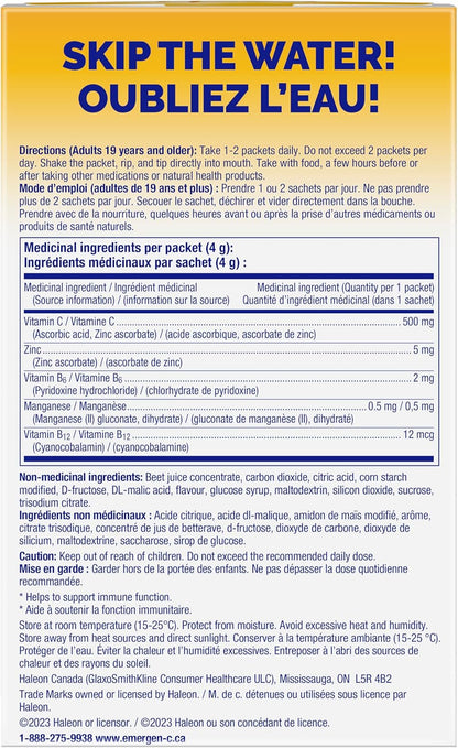 Emergen-C Crystals 便攜式免疫支持補充劑，含維生素 C、鋅、B 群維生素和錳，草莓味，24 包