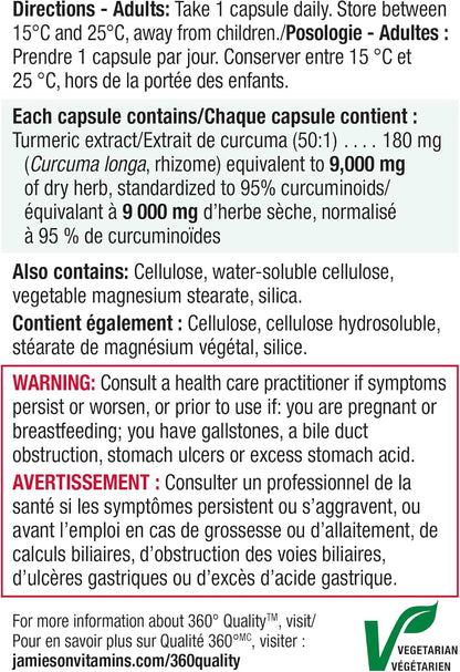 Jamieson Turmeric 9,000 mg, Ultra Strength, Provides Natural Joint Pain Relief, Supports Inflammation, and Helps with Digestion. NON-GMO, Gluten-Free, 30 Vegetarian Capsules, Proudly Canadian