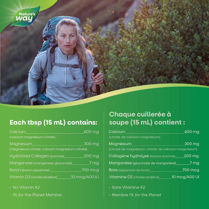 Nature's Way 檸檬酸鈣鎂 2:1 液體補充劑，含維生素 D3 和膠原蛋白，有助於維持骨骼和牙齒健康，不含維生素 K2，藍莓味，500 毫升