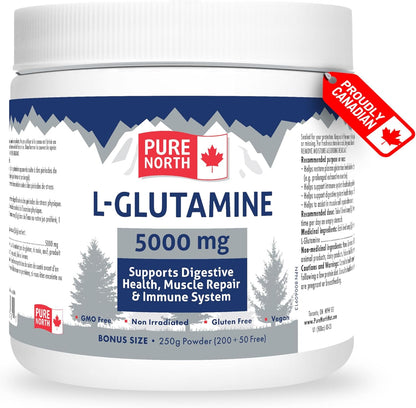 Pure North Naturals - L-谷氨酰胺 5000 毫克，250 克粉劑，50 份 - 腸道健康和消化健康 - 支持肌肉修復和支持免疫系統 - 經第三方測試 - 加拿大配製和製造