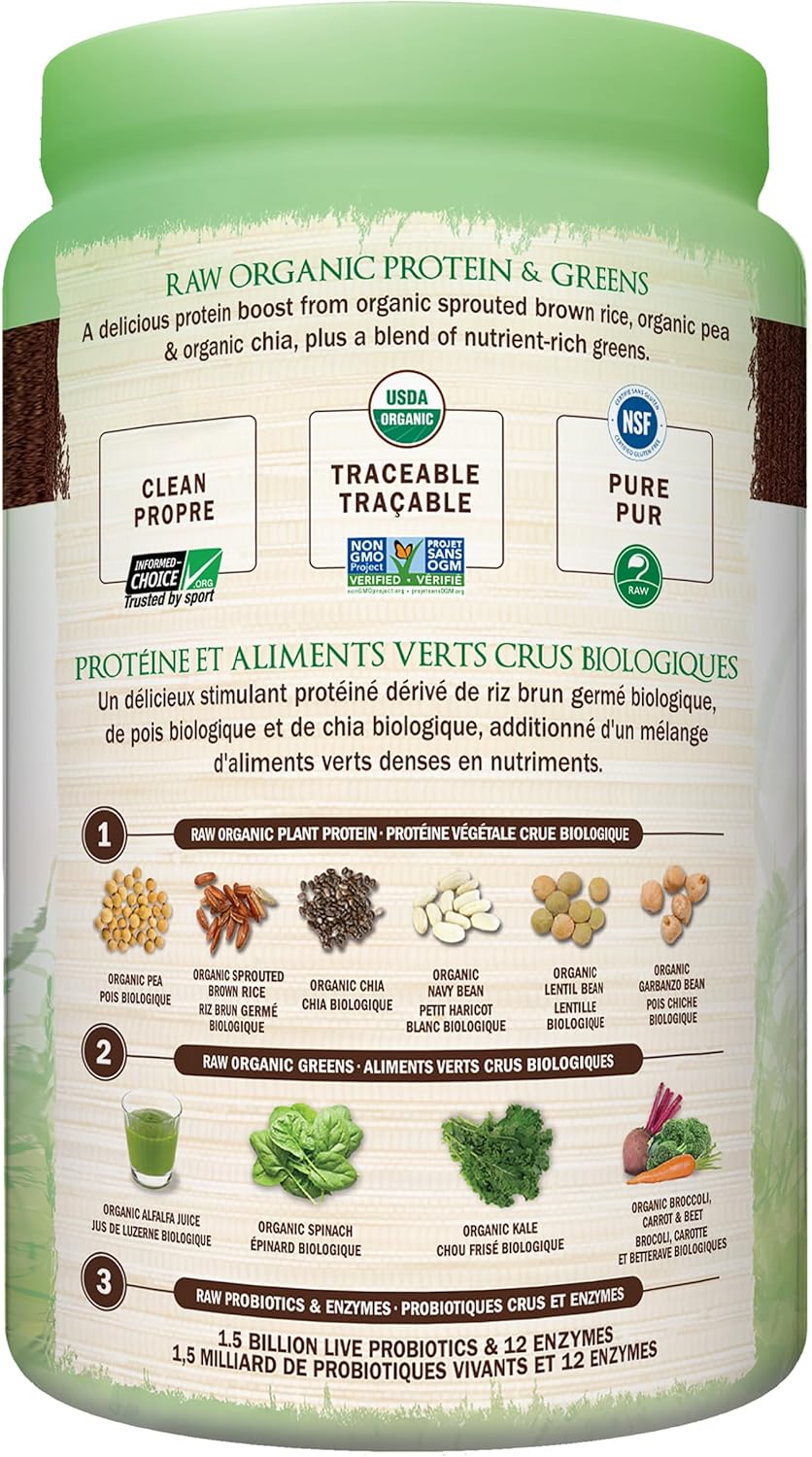 Garden of Life Raw Organic Protein & Greens - Chocolate 610.0 Gram Chocolate. Packed with 20g of protein, 6 veggies and 1g sugar. A delicious protein boost from organic sprouted brown rice, pea & chia, plus a blend of nu…