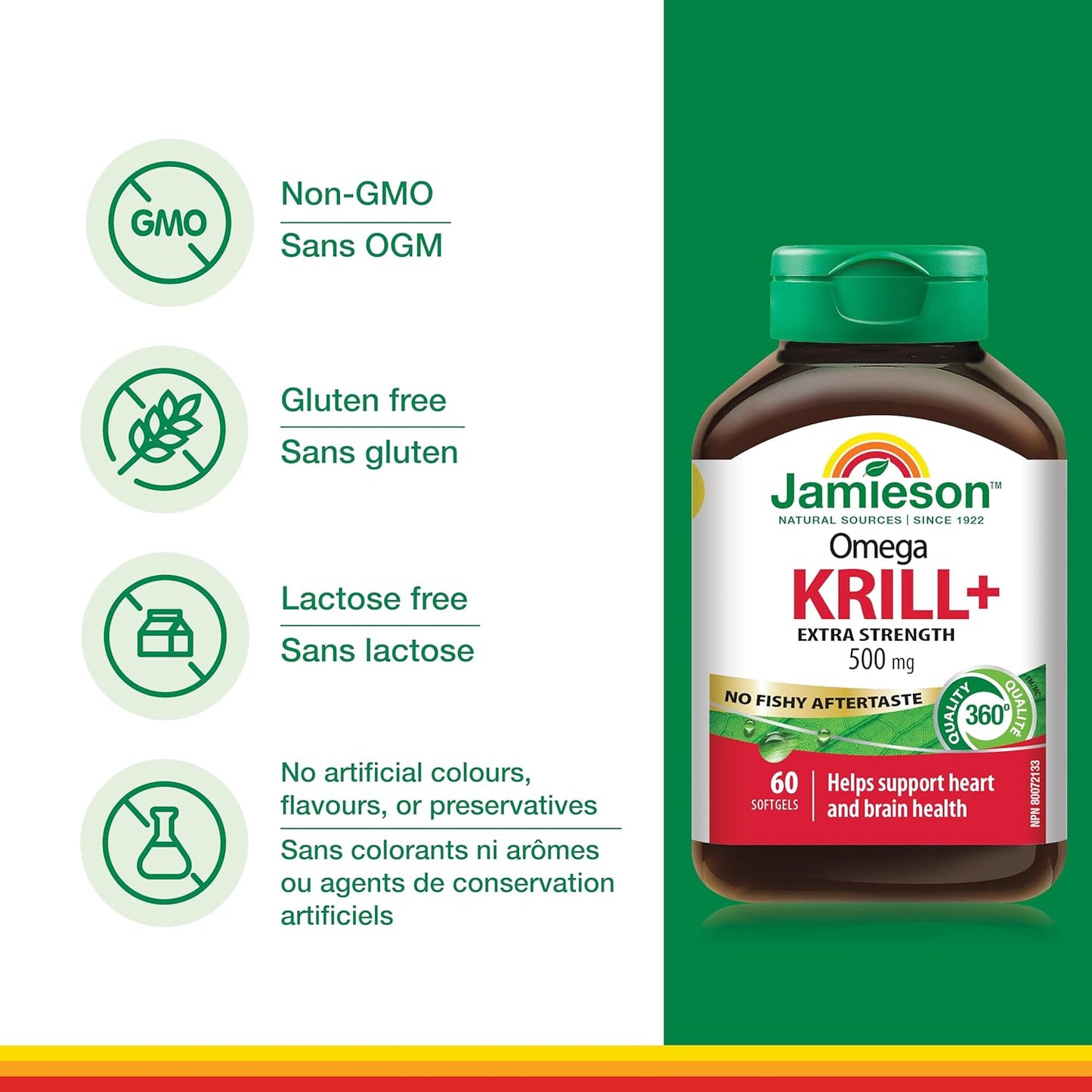 Jamieson Omega Krill Plus 500毫克軟膠囊，無魚腥味，富含EPA、DHA、磷脂質和蝦紅素。支持心臟健康和大腦健康，非基因改造，無麩質，60粒，加拿大製造