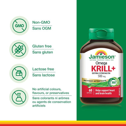 Jamieson Omega Krill Plus 500毫克軟膠囊，無魚腥味，富含EPA、DHA、磷脂質和蝦紅素。支持心臟健康和大腦健康，非基因改造，無麩質，60粒，加拿大製造