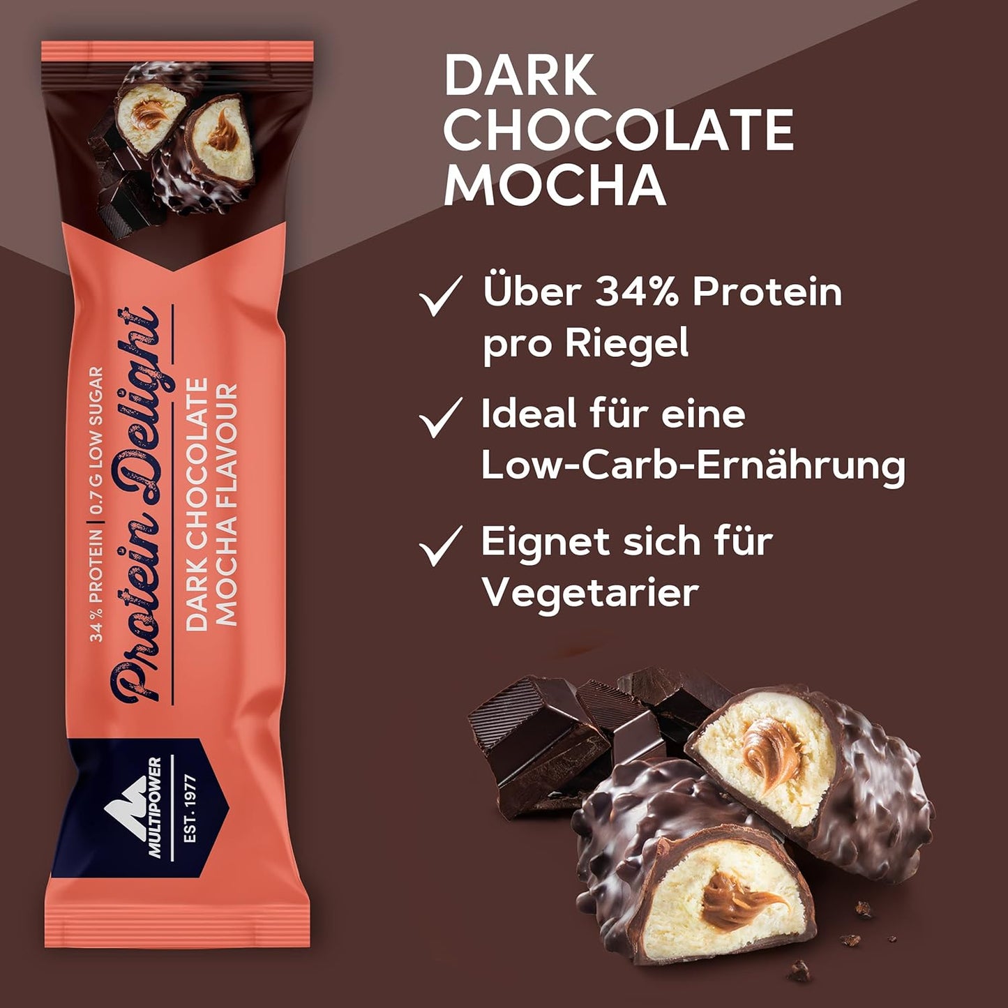 Multipower Protein Delight Bar - Dark Chocolate Mocha Flavor - High-Protein Snack Bar - 35g Bars (18 Pack)