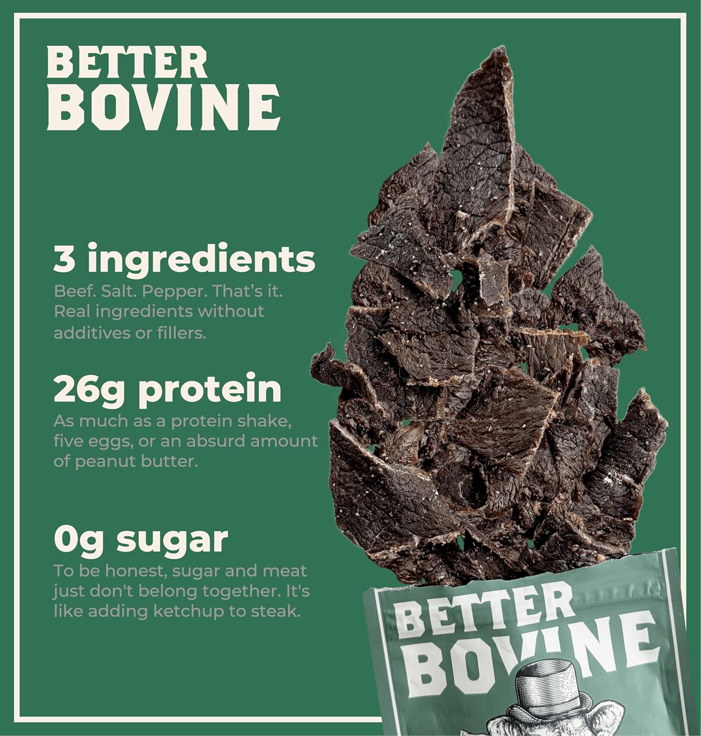 BETTER BOVINE Grass Fed Extra Lean Beef Jerky, Keto, Paleo, Low Carb, High Protein, Gluten Free, Sugar Free, Non-GMO, Nitrate Free, Preservative Free, No Antibiotics, No Added Hormones, 30g Protein, 0g Carbs, 130 Calorie…