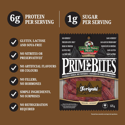 Country Prime Meats 照燒特級小塊。乾醃義大利辣香腸。 100% 加拿大製造。高蛋白零食。無人工香料，天然煙熏，無亞硝酸鹽，無麩質。 125公克（16包）