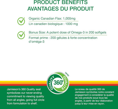Jamieson 亚麻籽油 1,000 毫克软胶囊，加量装，亚麻籽油，提供 500 毫克 Omega-3、ALA、非转基因、无麸质，200 粒，加拿大制造