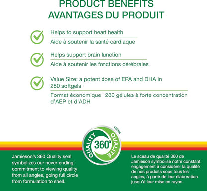 Jamieson Wild Salmon and Fish Oil 1,000 mg Softgels, Value Size, Supports Heart and Brain Health. With Wild Alaskan Salmon, Menhaden, EPA and DHA, Non-GMO, Gluten-Free, 280 Count, Proudly Canadian