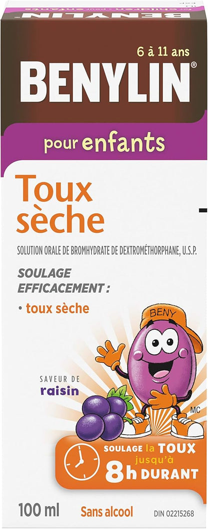 BENYLIN Children's Dry Cough Syrup, Relieves Dry Cough, 100mL, Grape Flavour, Alcohol Free, For ages 6-11yrs