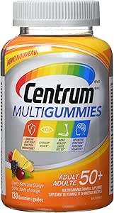 Centrum MultiGummies，成人 50 歲以上多種維生素/礦物質軟糖，適合 50 歲以上男性和女性，櫻桃、漿果和橙子口味，130 粒軟糖