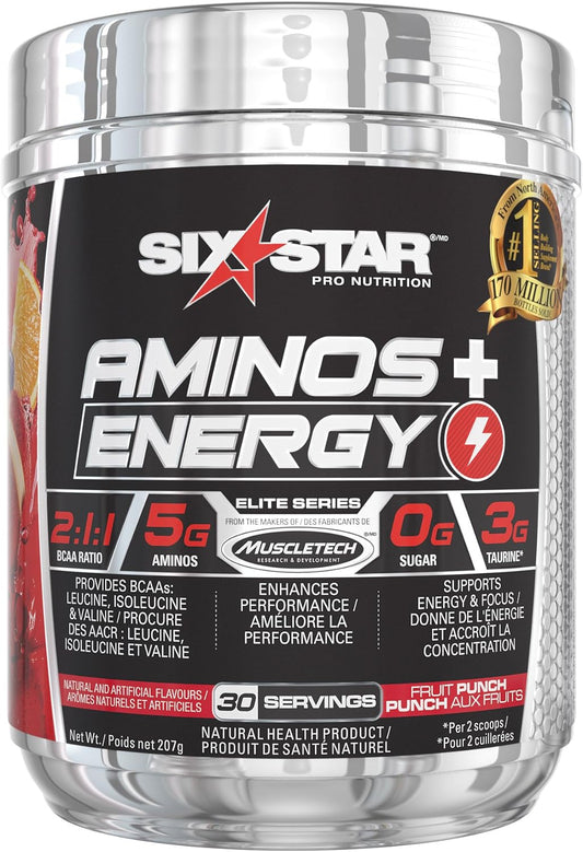 Six Star Amino Plus Energy，BCAA 粉和能量，水果混合口味，30 份，208 克（1 包）