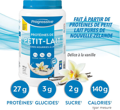 Progressive Grass-Fed 100% Whey Protein Powder Vanilla, 27g of New Zealand Whey Concentrate per Scoop for Muscle Gain, Pasture-Raised, Non-GMO, Canadian-Made Antibiotic-free, Hormone-free, 850 g