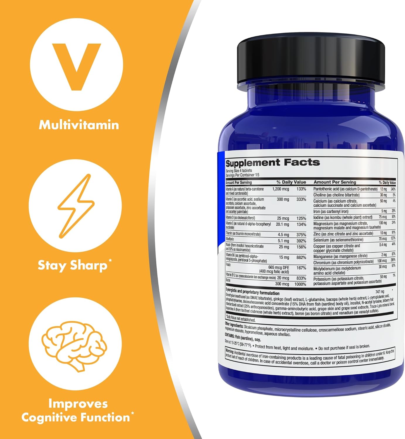 Focus Factor 大腦和視力，60 粒 - 多種維生素補充劑，含維生素 B6、B12、D3、葉黃素、玉米黃質和假馬齒莧，有助於增強成人的認知功能並支持眼睛健康