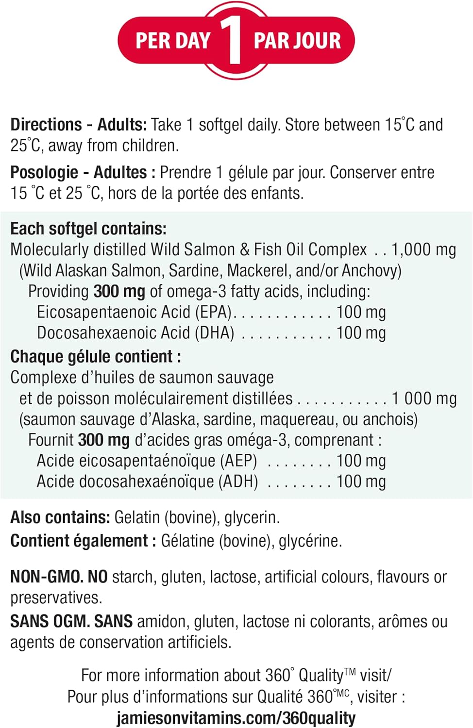Jamieson Wild Salmon and Fish Oil 1,000 mg Softgels, Value Size, Supports Heart and Brain Health. With Wild Alaskan Salmon, Menhaden, EPA and DHA, Non-GMO, Gluten-Free, 280 Count, Proudly Canadian