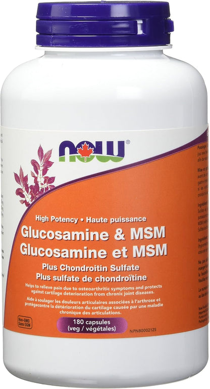 NOW Supplements，葡萄糖胺和 MSM 加软骨素植物胶囊，180 粒
