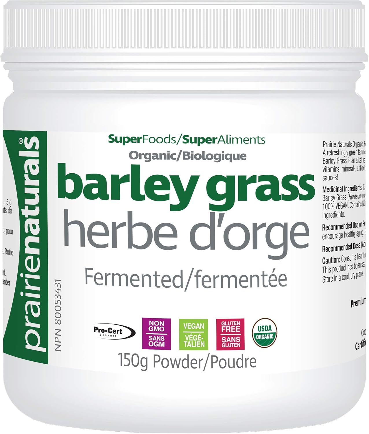 Prairie Naturals Organic Fermented Barley Grass Juice Powder - 150 Gram