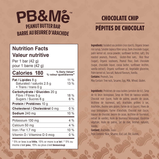 PB&Me Peanut Butter Protein Bars –Chocolate Chip, 10g Protein, Low Sugar, High Fiber, No Artificial Sweeteners or Preservatives, Meal Replacement, 5-Pack, Snack Bars for Work, Gym & Travel