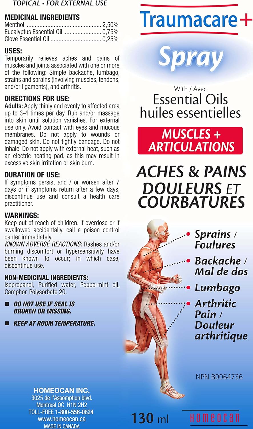 Homeocan Traumacare Spray 130ml, Eucalyptus Essential Oil for Sore Muscle & Joint Discomfort, Quick Absorption, Non-Greasy, Fragrance-Free, Travel Size, Effortless Application for Hard-to-Reach Areas