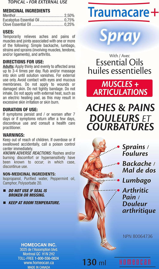 Homeocan Traumacare 喷雾 130ml，桉树精油，用于缓解肌肉酸痛和关节不适，快速吸收，不油腻，无香精，旅行装，轻松涂抹于难以触及的部位