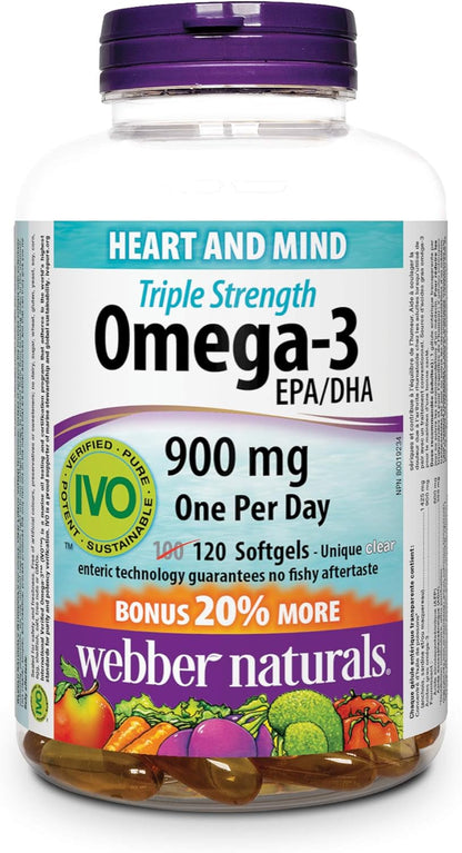 Webber Naturals 葡萄糖胺軟骨素，三重強度，90 片 & Omega-3 900 毫克三重強度，120 粒透明腸溶無魚腥味軟膠囊，支持心血管健康和腦功能
